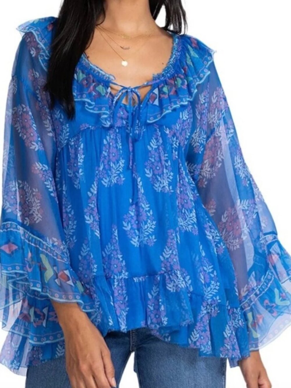 Johnny Was Jade Blue Floral Silk Ruffle Peasant Blouse Tunic Sz. Small